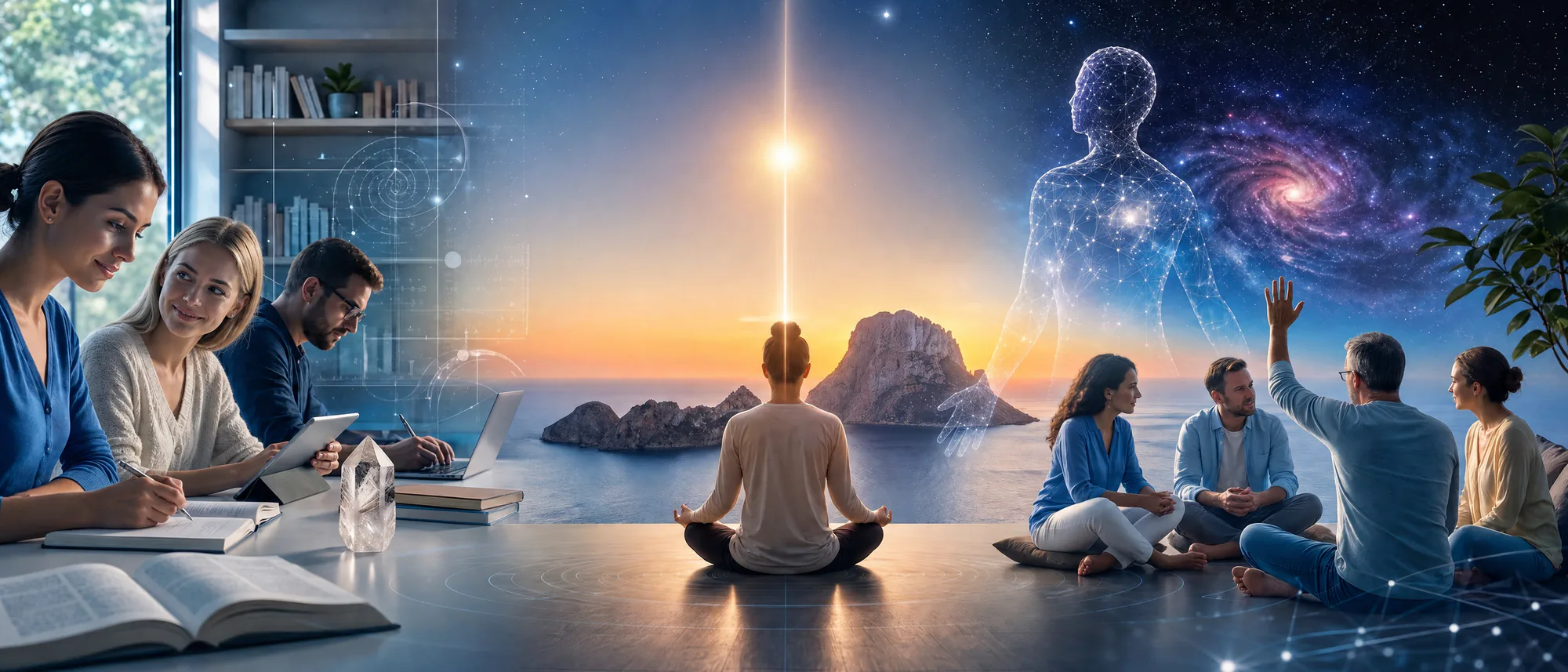 Personas estudiando, meditando y compartiendo en un mismo espacio